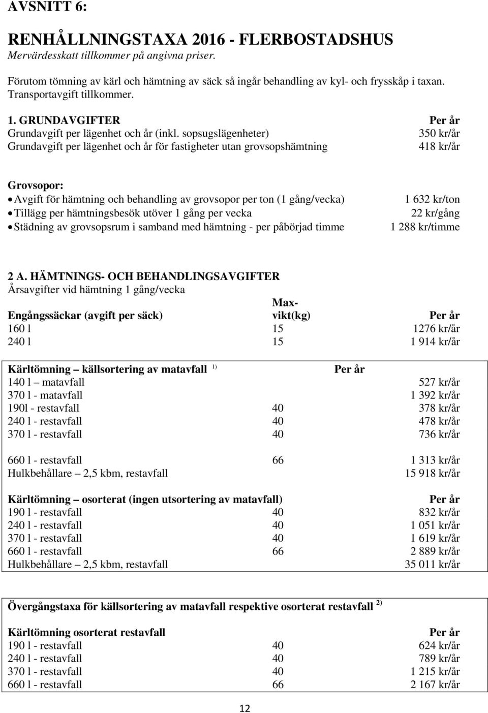 sopsugslägenheter) 350 kr/år Grundavgift per lägenhet och år för fastigheter utan grovsopshämtning 418 kr/år Grovsopor: Avgift för hämtning och behandling av grovsopor per ton (1 gång/vecka) Tillägg