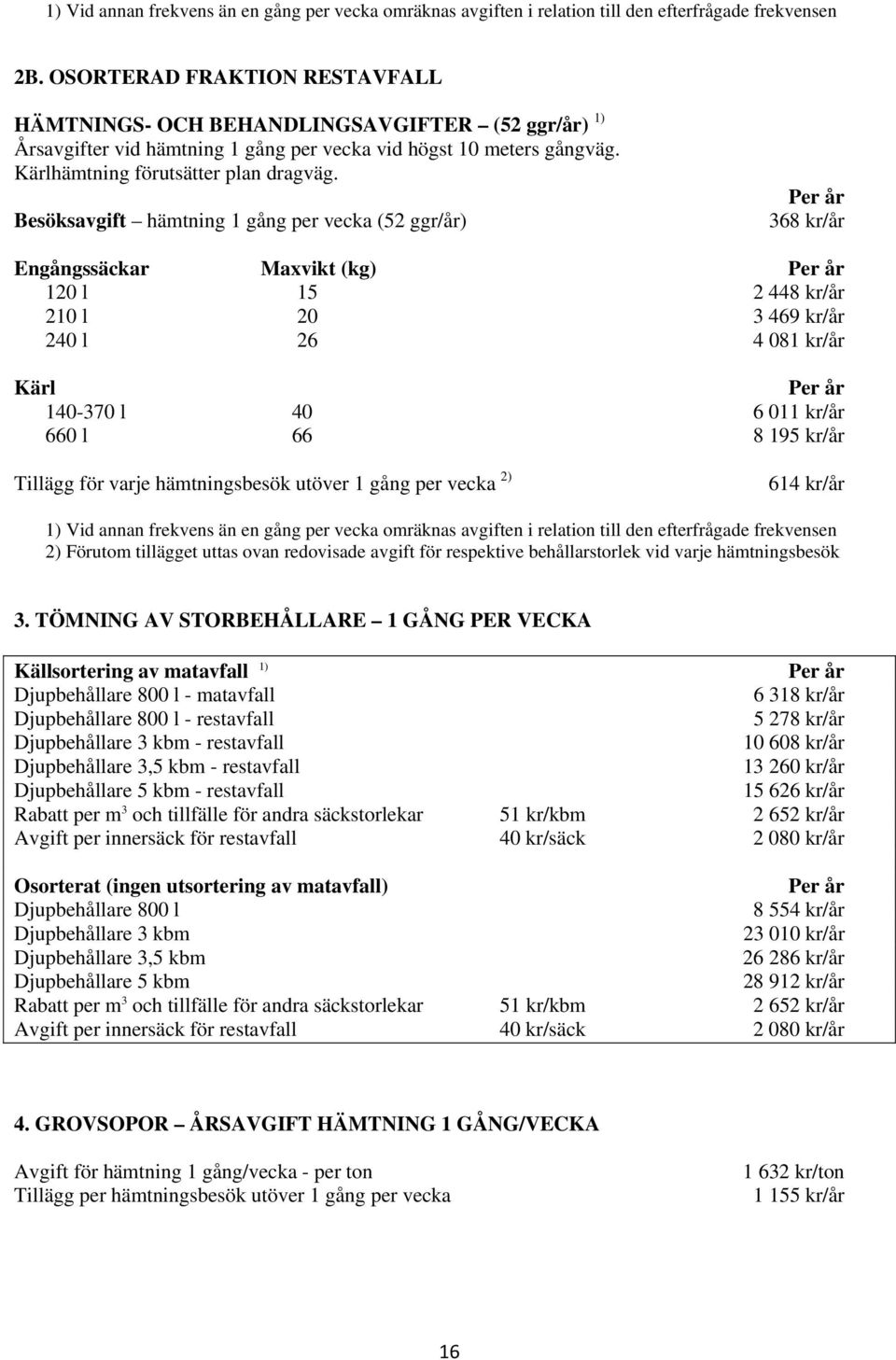 Besöksavgift hämtning 1 gång per vecka (52 ggr/år) 368 kr/år Engångssäckar Maxvikt (kg) 120 l 15 2 448 kr/år 210 l 20 3 469 kr/år 240 l 26 4 081 kr/år Kärl 140-370 l 40 6 011 kr/år 660 l 66 8 195