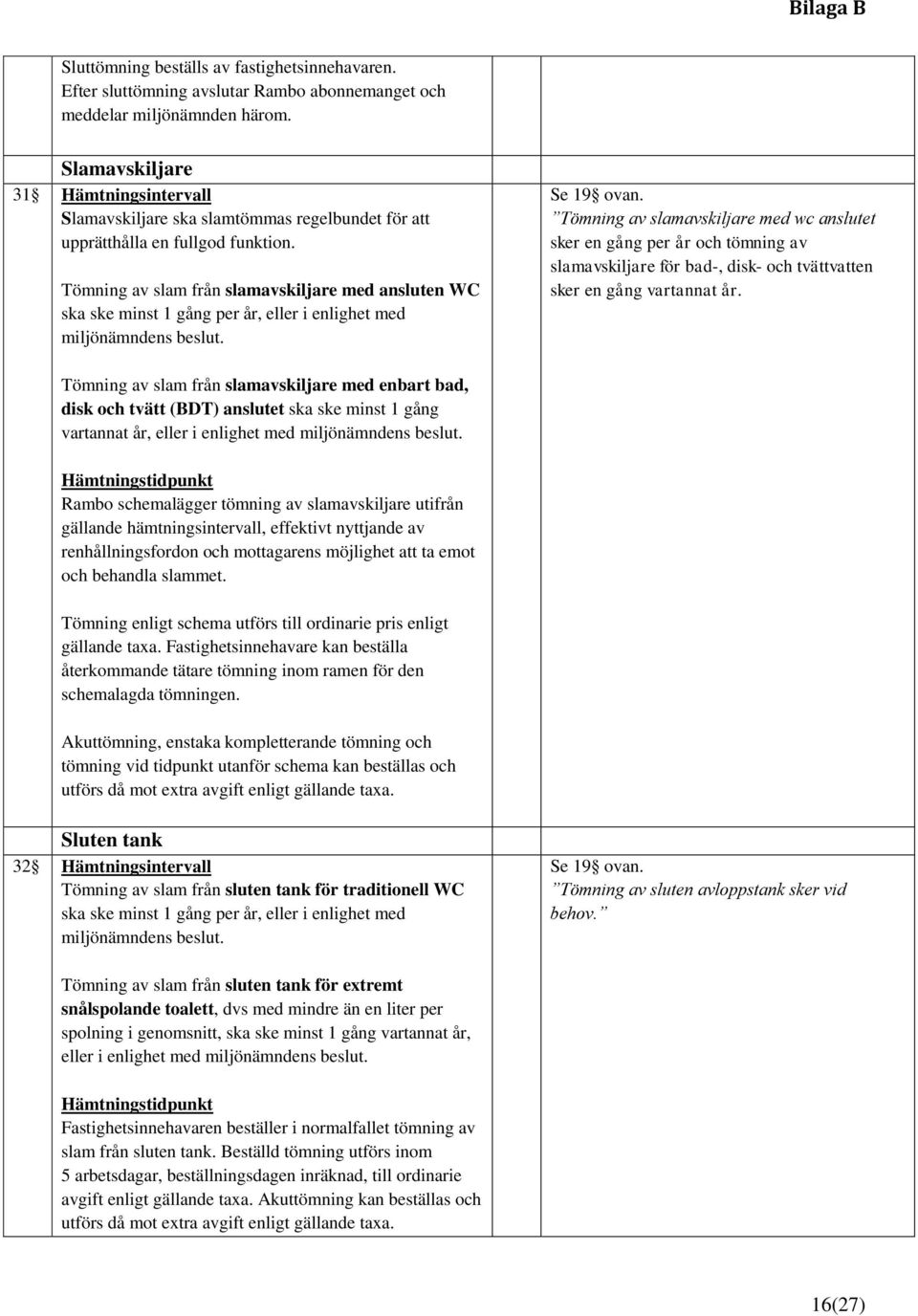 Tömning av slam från slamavskiljare med ansluten WC ska ske minst 1 gång per år, eller i enlighet med miljönämndens beslut. Se 19 ovan.