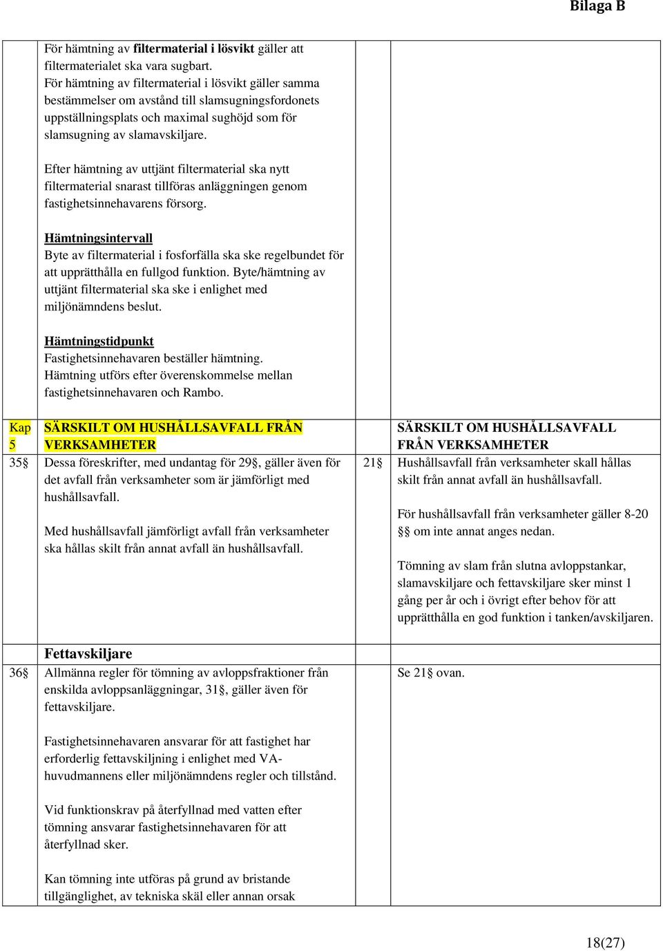 Efter hämtning av uttjänt filtermaterial ska nytt filtermaterial snarast tillföras anläggningen genom fastighetsinnehavarens försorg.