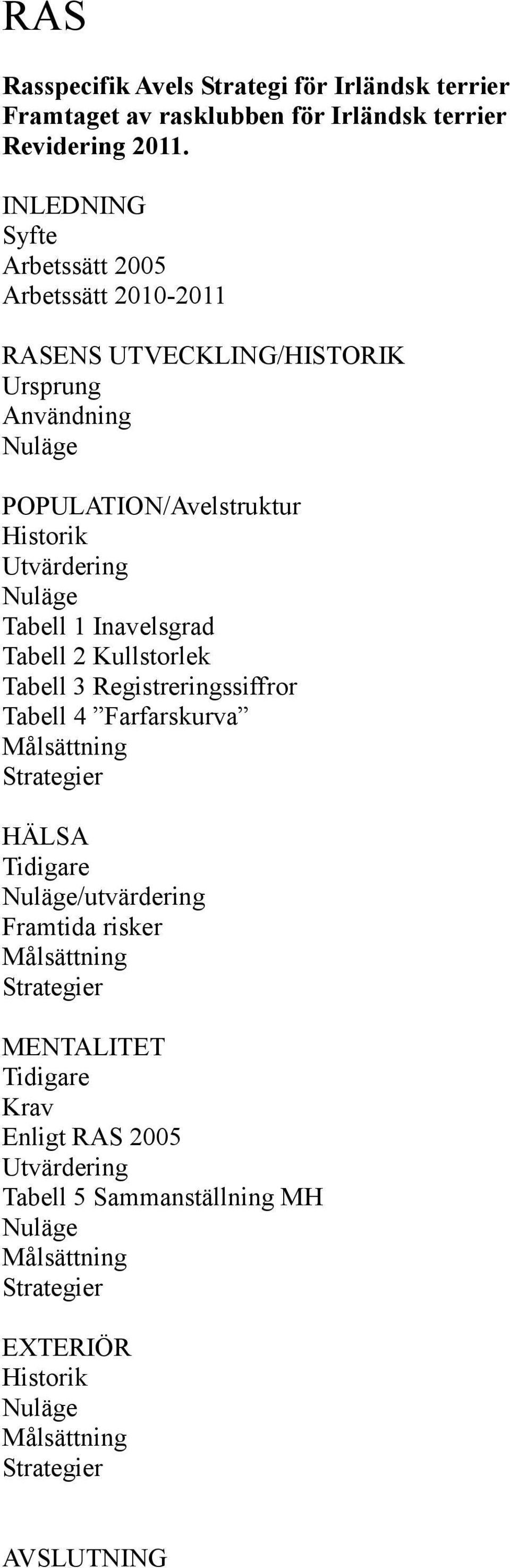 Historik Utvärdering Tabell 1 Inavelsgrad Tabell 2 Kullstorlek Tabell 3 Registreringssiffror Tabell 4 Farfarskurva HÄLSA