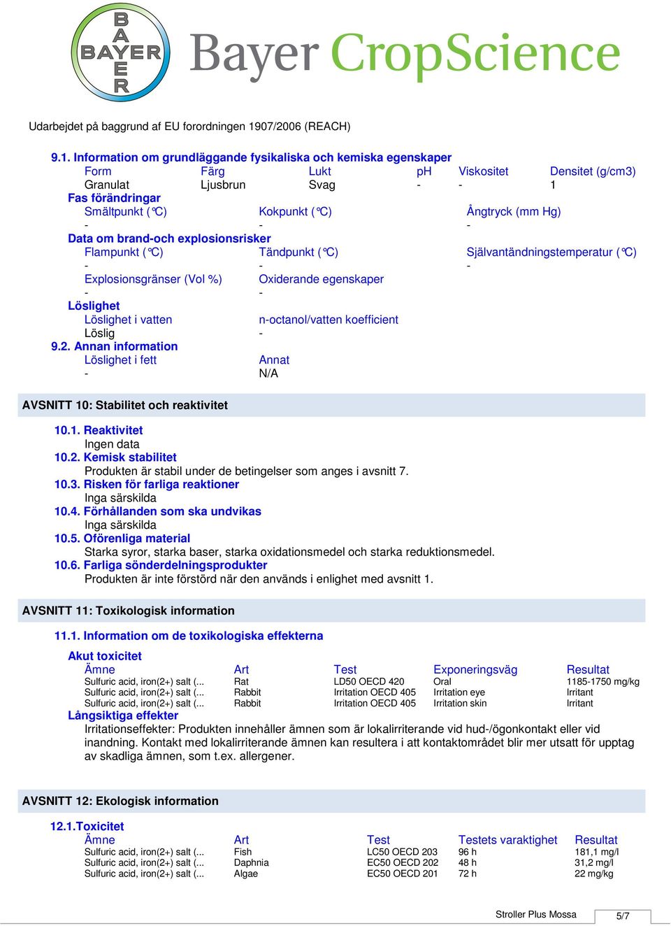 koefficient Löslig 9.2. Annan information Löslighet i fett Annat N/A AVSNITT 10: Stabilitet och reaktivitet 10.1. Reaktivitet 10.2. Kemisk stabilitet Produkten är stabil under de betingelser som anges i avsnitt 7.