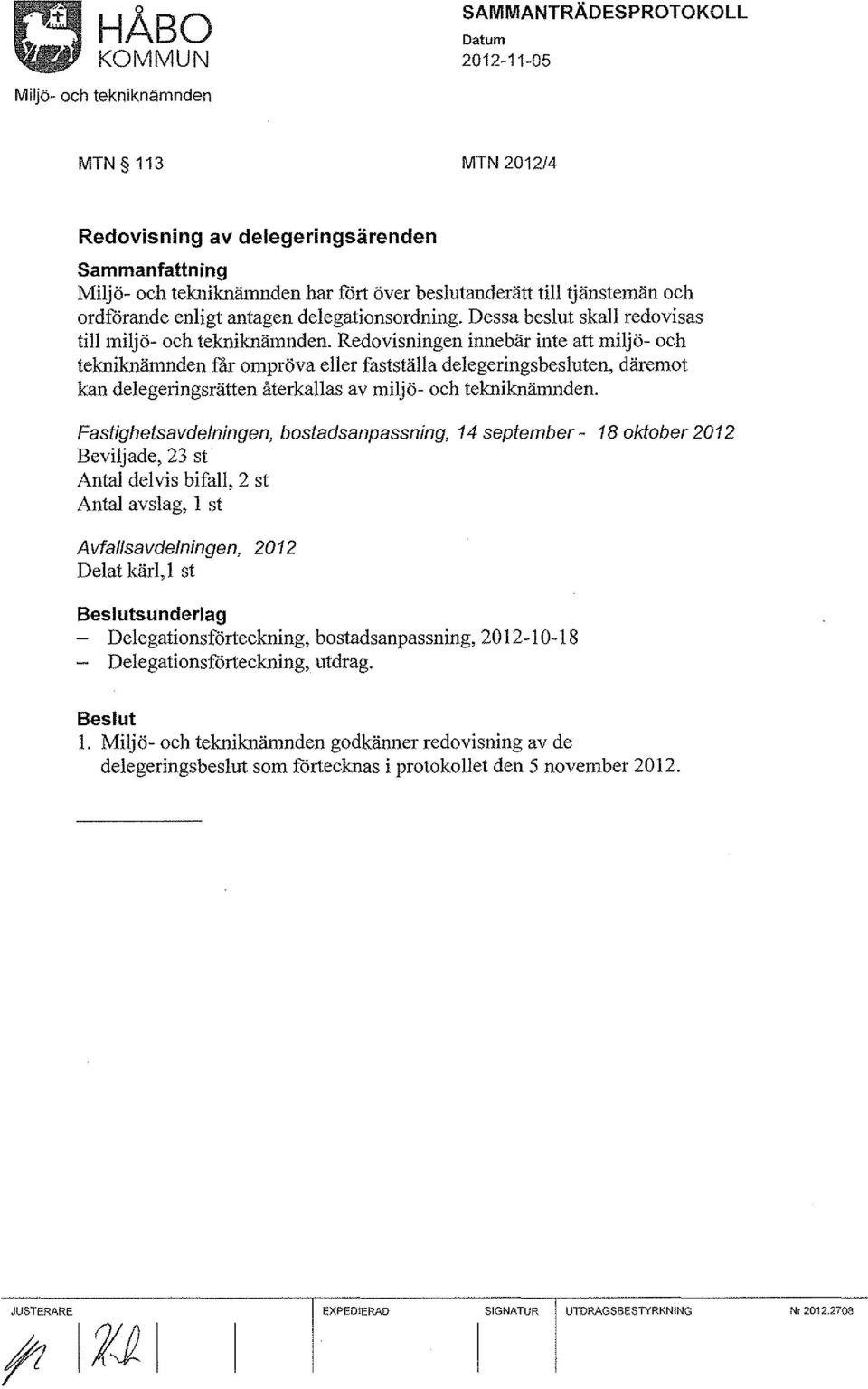 Redovisningen innebär inte att miljö- och tekniknämnden får ompröva eller fastställa delegeringsbesluten, däremot kan delegeringsrätten återkallas av miljö- och tekniknärrmden.