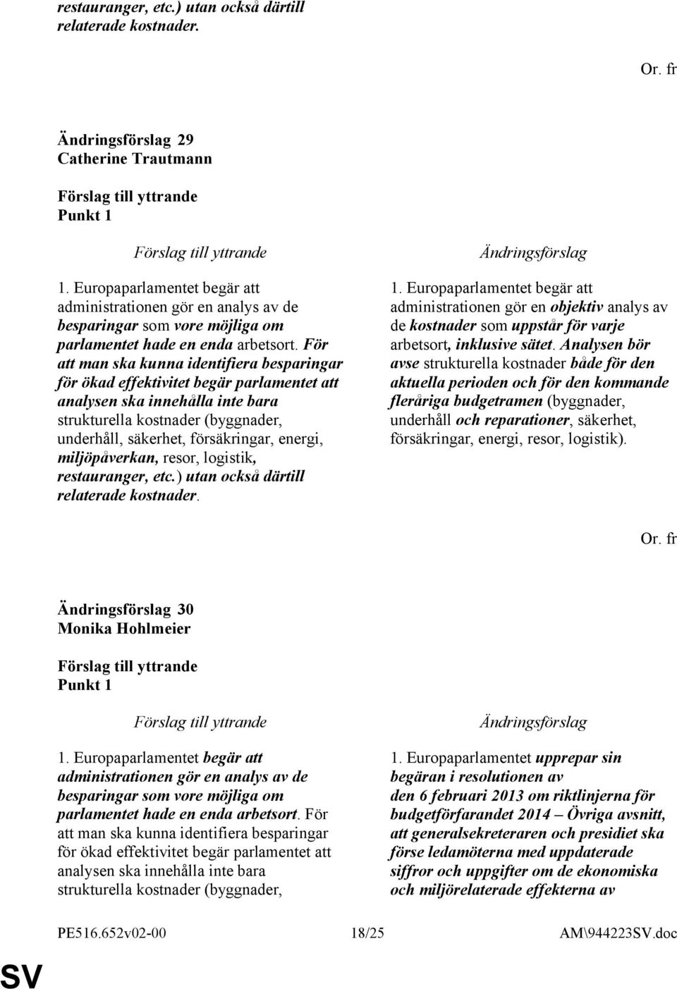 För att man ska kunna identifiera besparingar för ökad effektivitet begär parlamentet att analysen ska innehålla inte bara strukturella kostnader (byggnader, underhåll, säkerhet, försäkringar,