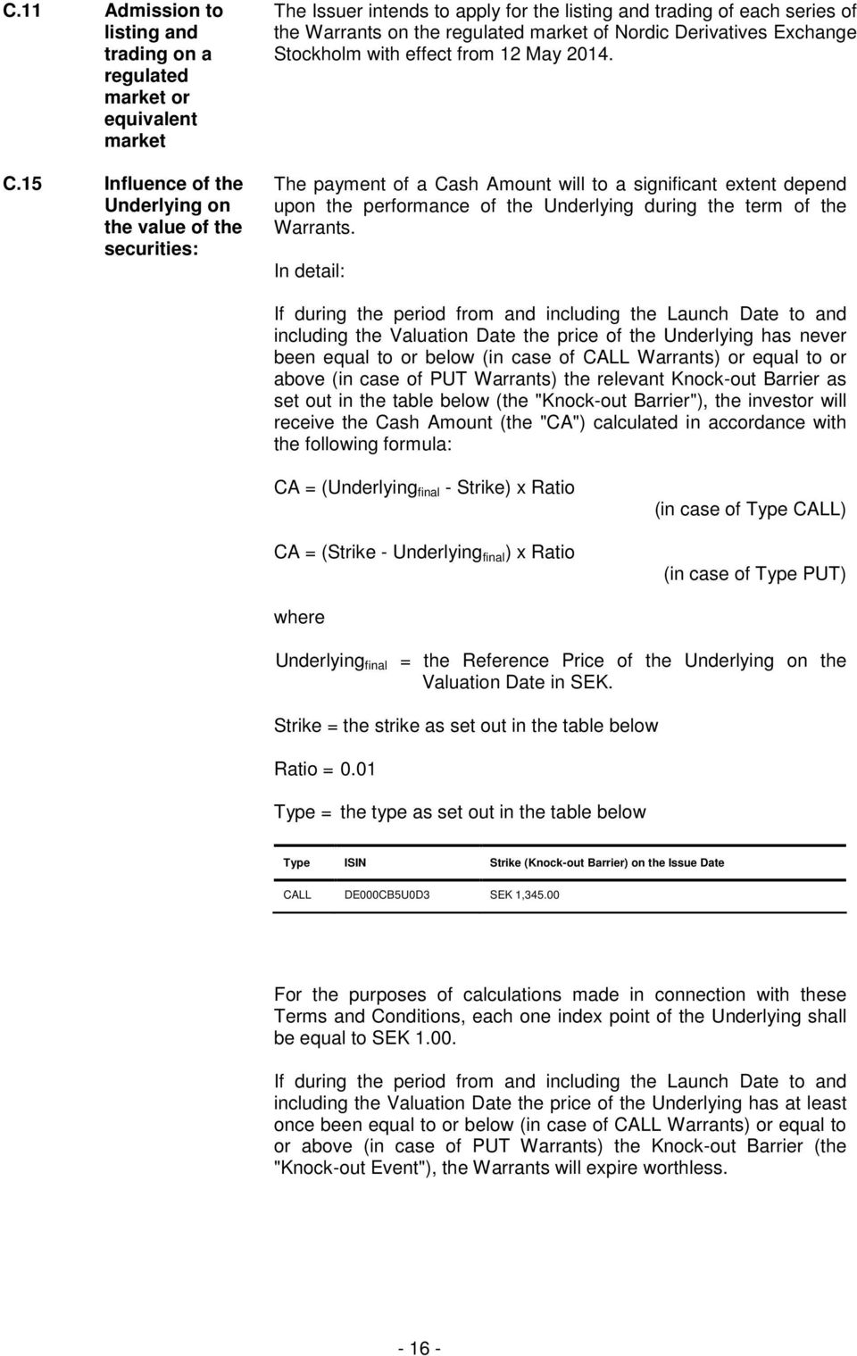 Exchange Stockholm with effect from 12 May 2014. The payment of a Cash Amount will to a significant extent depend upon the performance of the Underlying during the term of the Warrants.