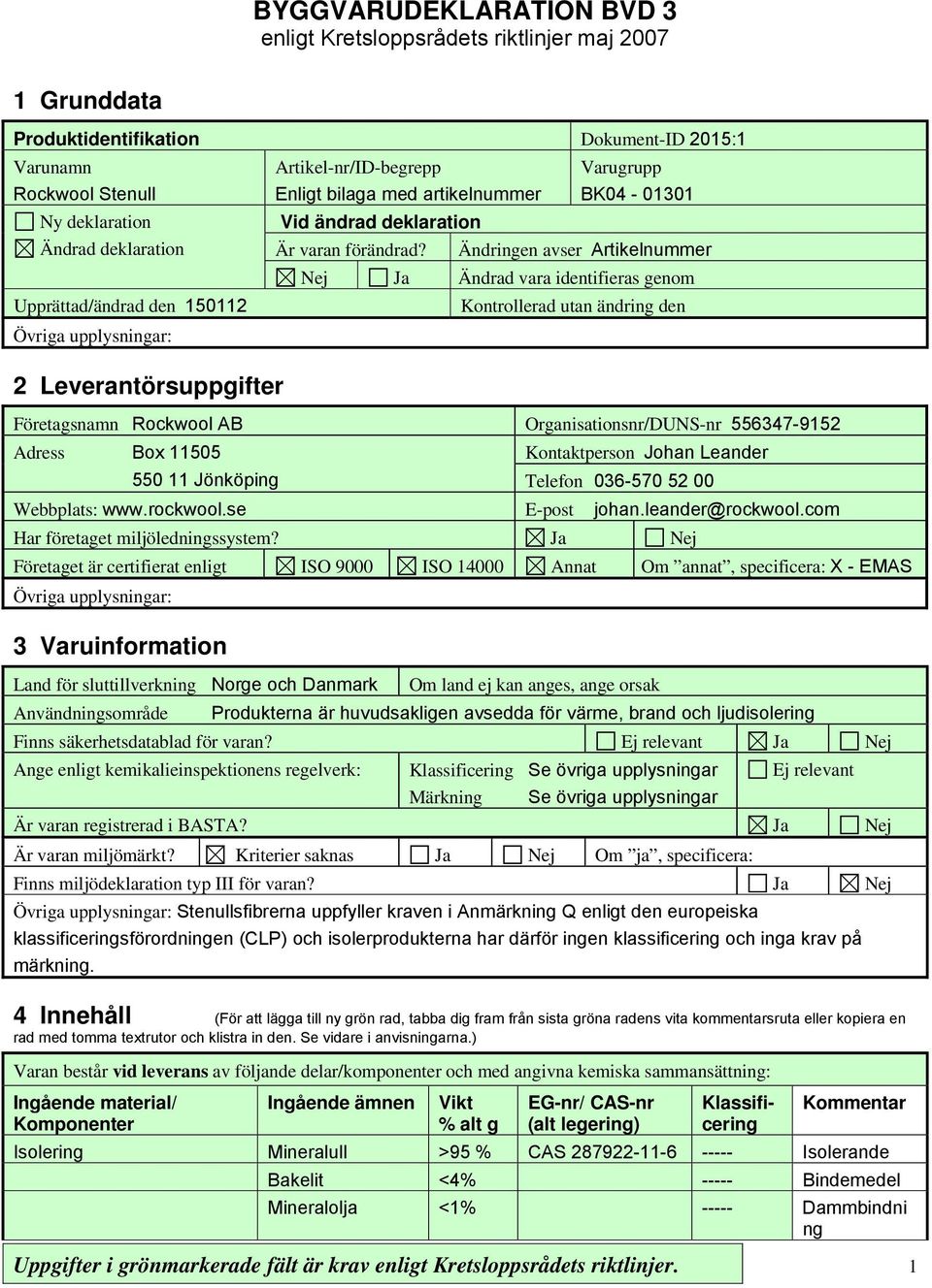 Varugrupp BK04-01301 Ändringen avser Artikelnummer Nej Ja Ändrad vara identifieras genom Kontrollerad utan ändring den Företagsnamn Rockwool AB Organisationsnr/DUNS-nr 556347-9152 Adress Box 11505