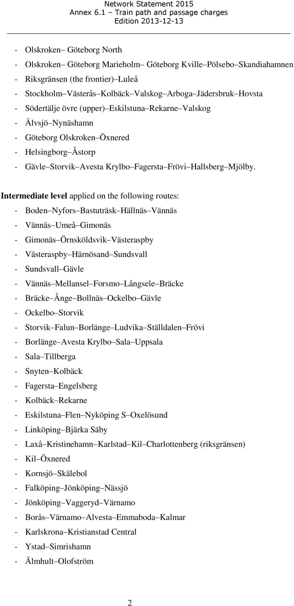 Intermediate level applied on the following routes: - Boden Nyfors Bastuträsk Hällnäs Vännäs - Vännäs Umeå Gimonäs - Gimonäs Örnsköldsvik Västeraspby - Västeraspby Härnösand Sundsvall - Sundsvall