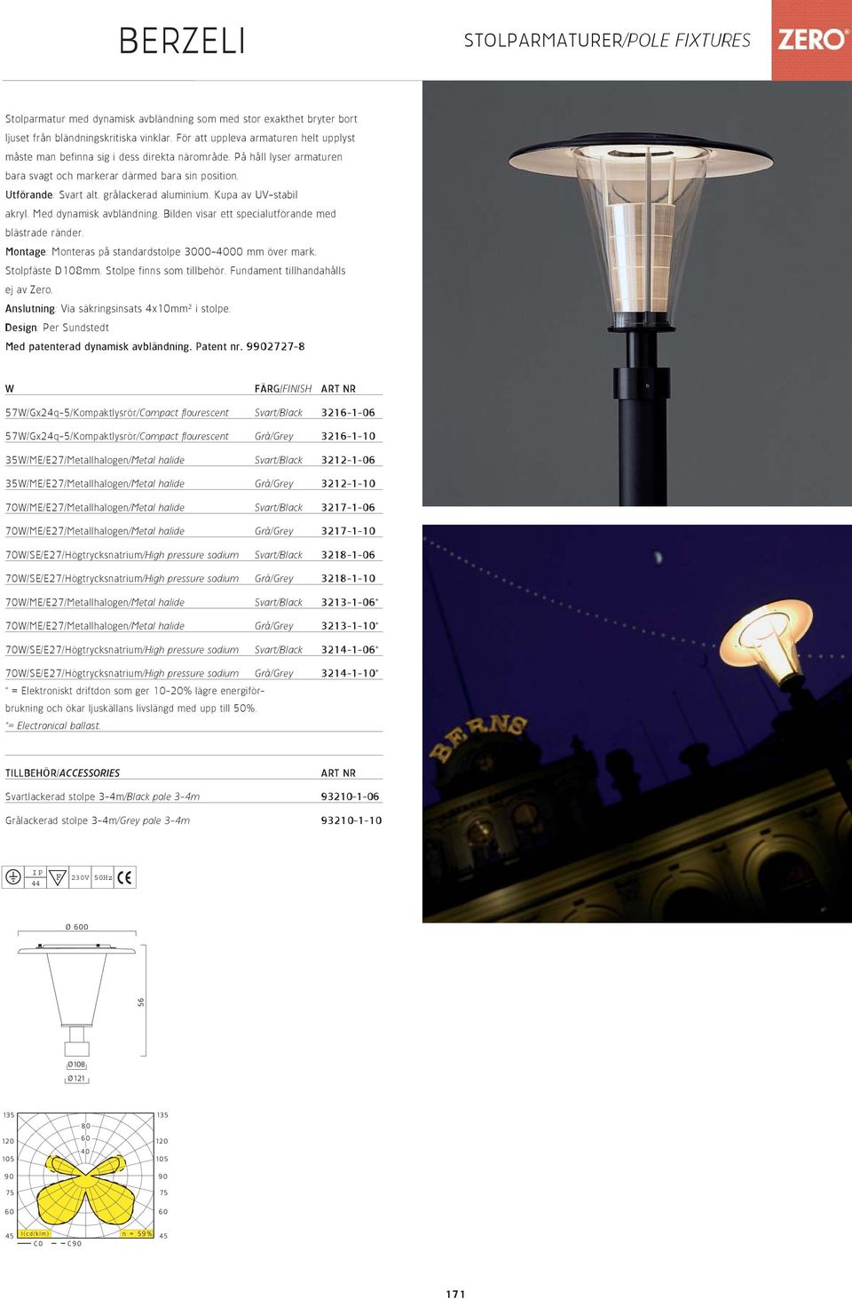 grålackerad aluminium. Kupa av UV-stabil akryl. Med dynamisk avbländning. Bilden visar ett specialutförande med blästrade ränder. Montage: Monteras på standardstolpe 00-0 mm över mark. Stolpfäste Dmm.