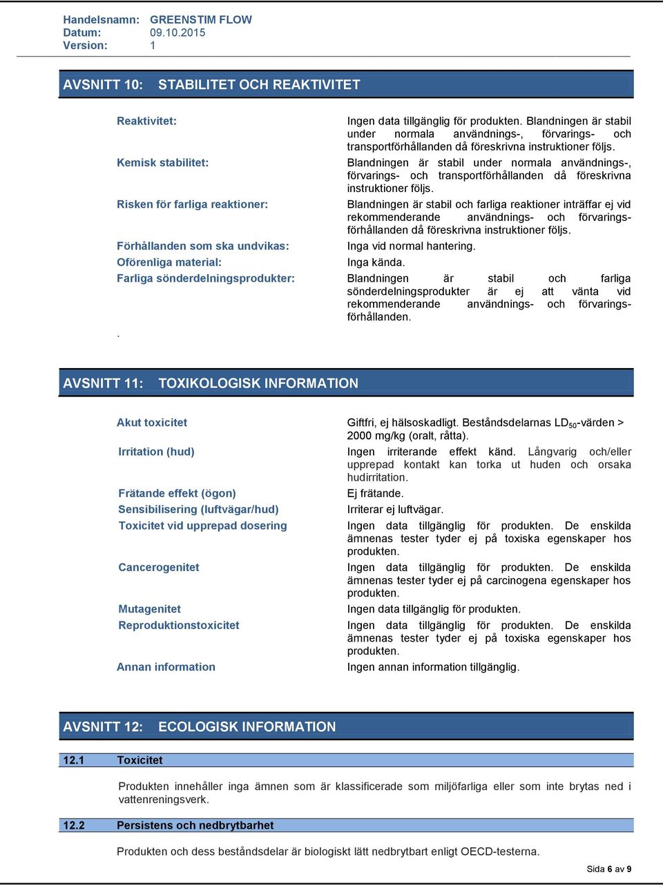 Blandningen är stabil och farliga reaktioner inträffar ej vid rekommenderande användnings- och förvaringsförhållanden då föreskrivna instruktioner följs. Inga vid normal hantering. Inga kända.