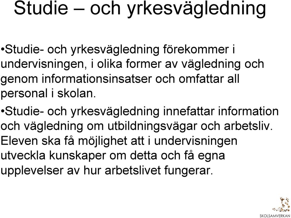 Studie- och yrkesvägledning innefattar information och vägledning om utbildningsvägar och arbetsliv.