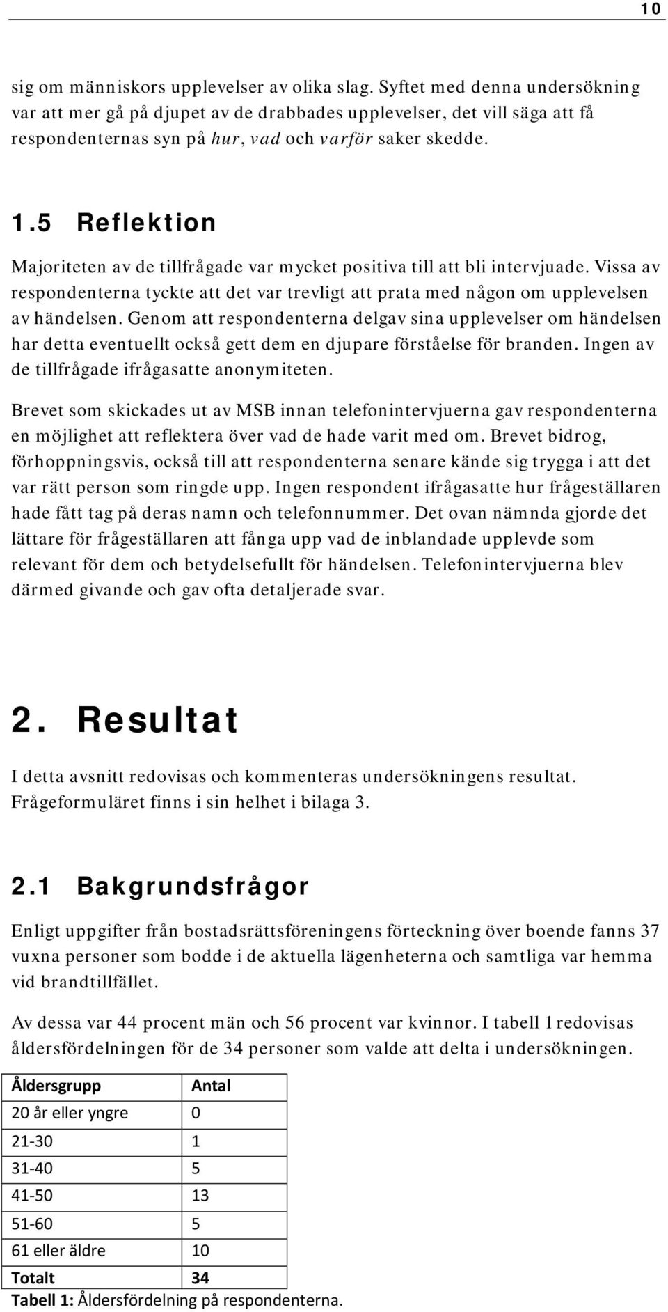 5 Reflektion Majoriteten av de tillfrågade var mycket positiva till att bli intervjuade. Vissa av respondenterna tyckte att det var trevligt att prata med någon om upplevelsen av händelsen.