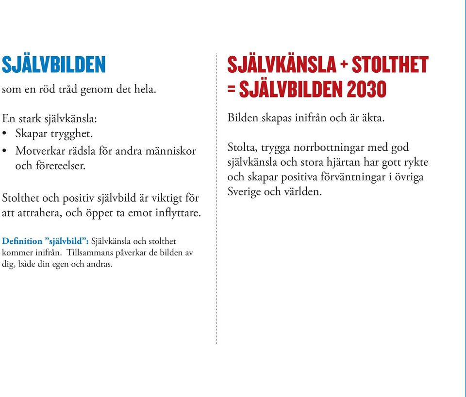 SJÄLVKÄNSLA + STOLTHET = SJÄLVBILDEN 2030 Bilden skapas inifrån och är äkta.