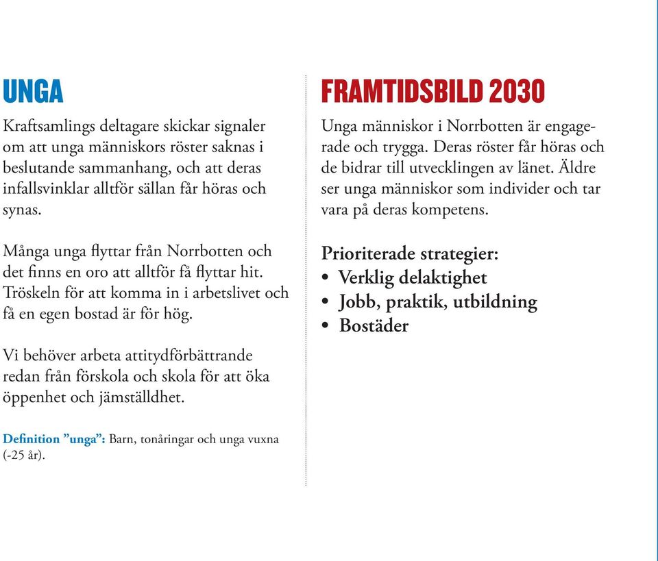 Vi behöver arbeta attitydförbättrande redan från förskola och skola för att öka öppenhet och jämställdhet. FRAMTIDSBILD 2030 Unga människor i Norrbotten är engagerade och trygga.