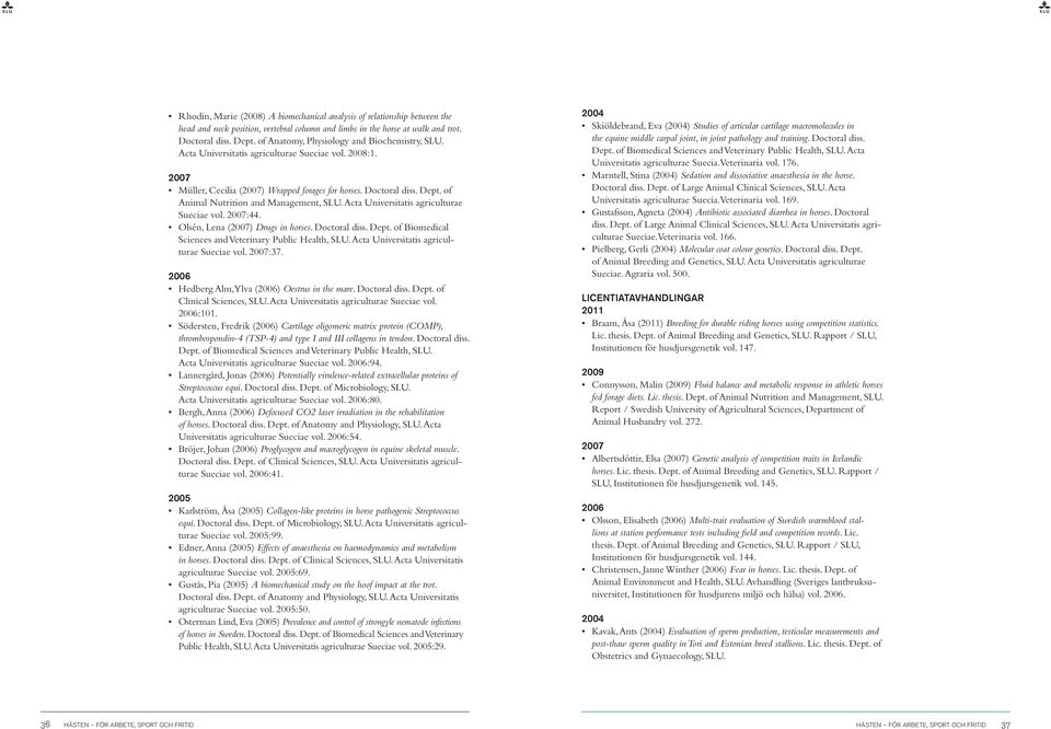 of Animal Nutrition and Management, SLU. Acta Universitatis agriculturae Sueciae vol. :44. Olsén, Lena () Drugs in horses. Doctoral diss. Dept.