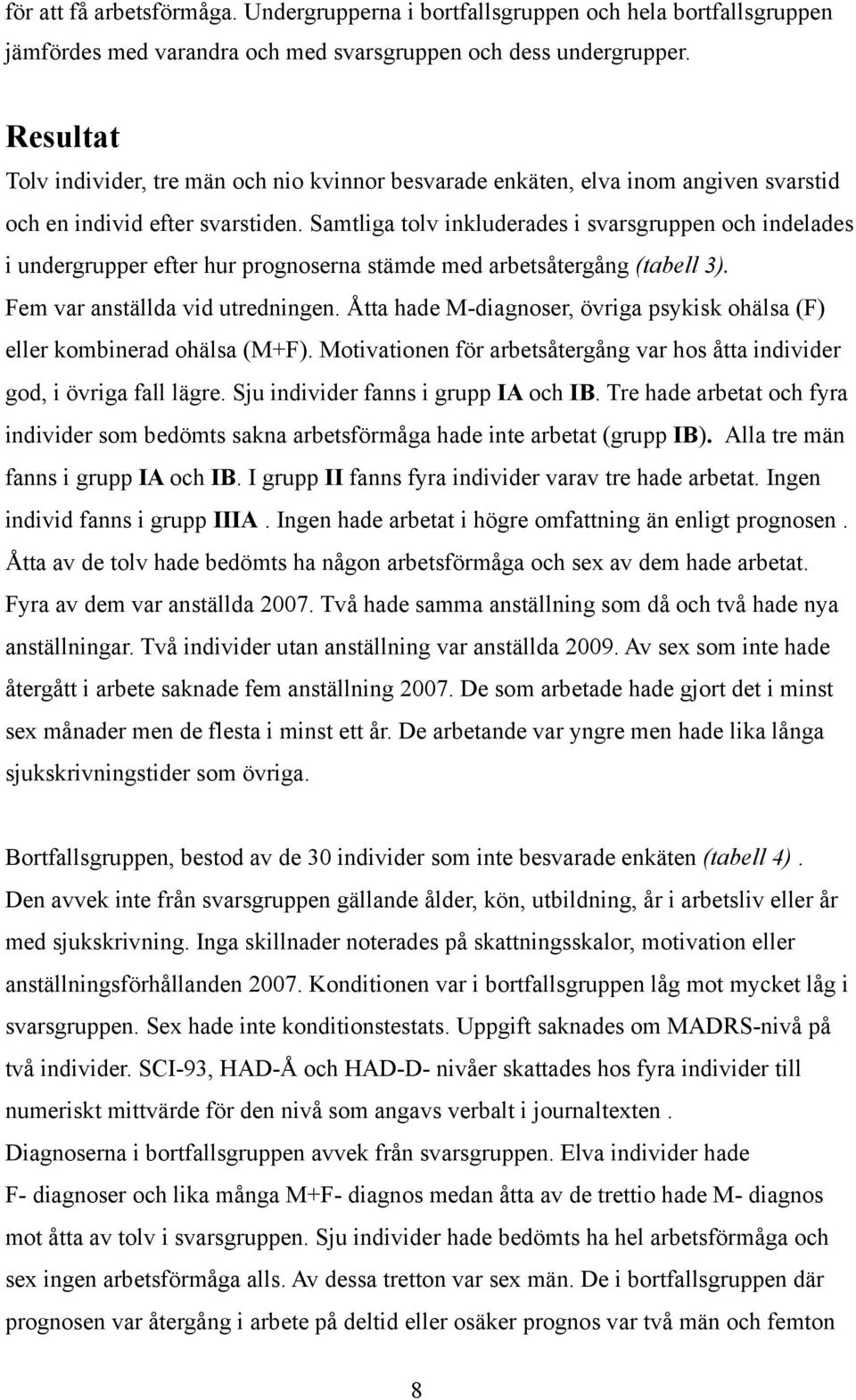 Samtliga tolv inkluderades i svarsgruppen och indelades i undergrupper efter hur prognoserna stämde med arbetsåtergång (tabell 3). Fem var anställda vid utredningen.