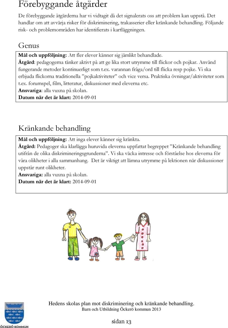 Genus Mål och uppföljning: Att fler elever känner sig jämlikt behandlade. Åtgärd: pedagogerna tänker aktivt på att ge lika stort utrymme till flickor och pojkar.