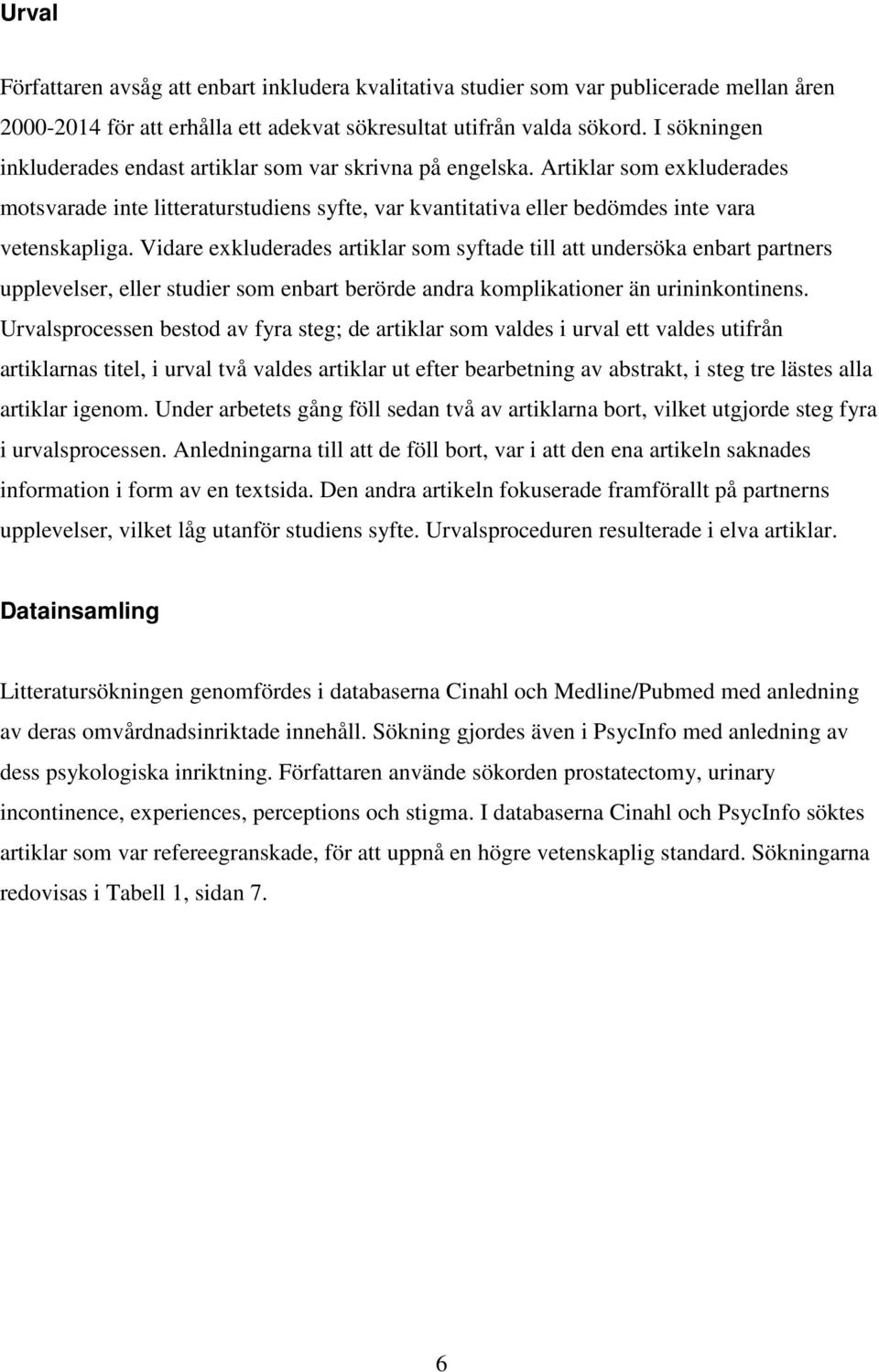 Vidare exkluderades artiklar som syftade till att undersöka enbart partners upplevelser, eller studier som enbart berörde andra komplikationer än urininkontinens.