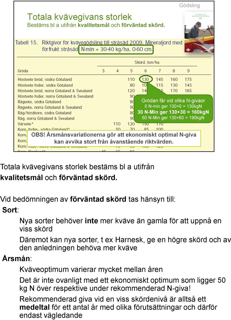 nya sorter, t ex Harnesk, ge en högre skörd och av den anledningen behöva mer kväve Kväveoptimum varierar mycket mellan åren Det är inte ovanligt med