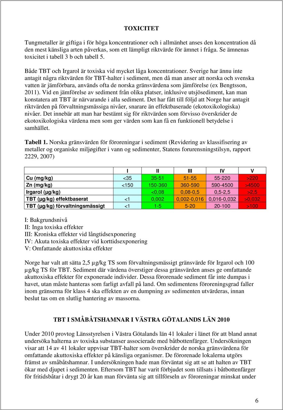 Sverige har ännu inte antagit några riktvärden för TBT-halter i sediment, men då man anser att norska och svenska vatten är jämförbara, används ofta de norska gränsvärdena som jämförelse (ex