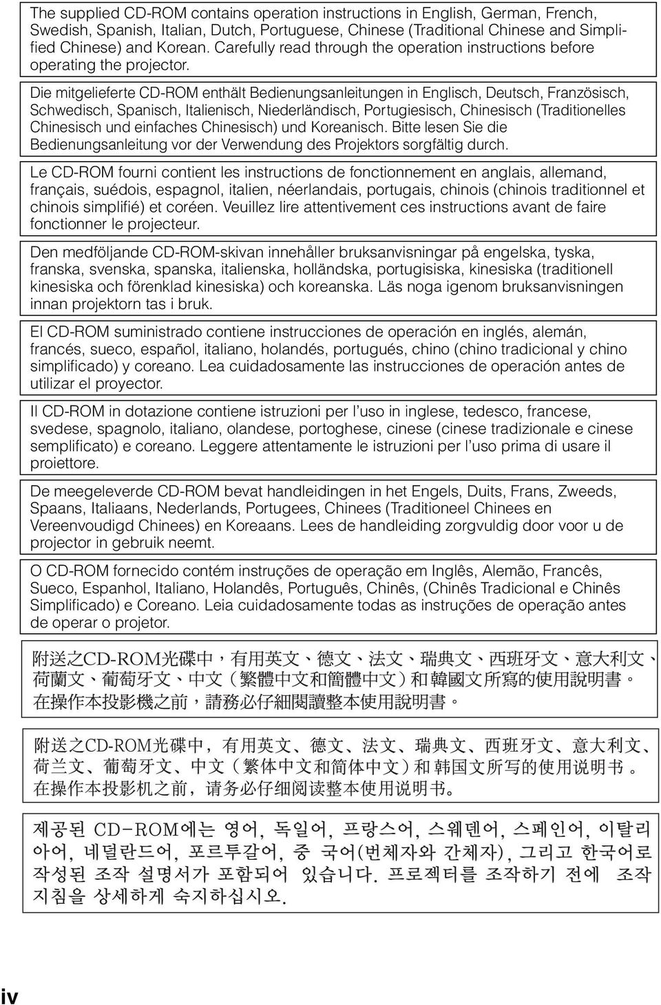 Die mitgelieferte CD-O enthält edienungsanleitungen in nglisch, Deutsch, Französisch, chwedisch, panisch, talienisch, Niederländisch, ortugiesisch, Chinesisch (Traditionelles Chinesisch und einfaches