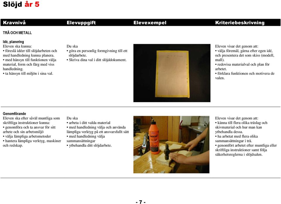 Skriva dina val i ditt slöjddokument. Eleven visar det genom att: välja föremål, gärna efter egen idé, och presentera det som skiss (modell, mall). redovisa materialval och plan för arbetet.