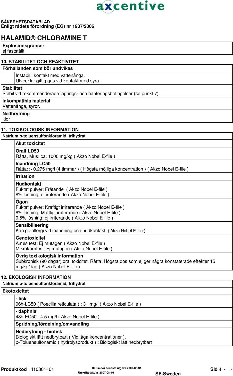 TOXIKOLOGISK INFORMATION Natrium p-toluensulfonkloramid, trihydrat Akut toxicitet Oralt LD50 Råtta, Mus: ca. 1000 mg/kg ( Akzo Nobel E-file ) Inandning LC50 Råtta: > 0.