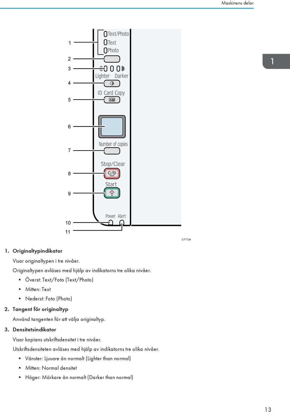 Tangent för originaltyp Använd tangenten för att välja originaltyp. 3. Densitetsindikator Visar kopians utskriftsdensitet i tre nivåer.