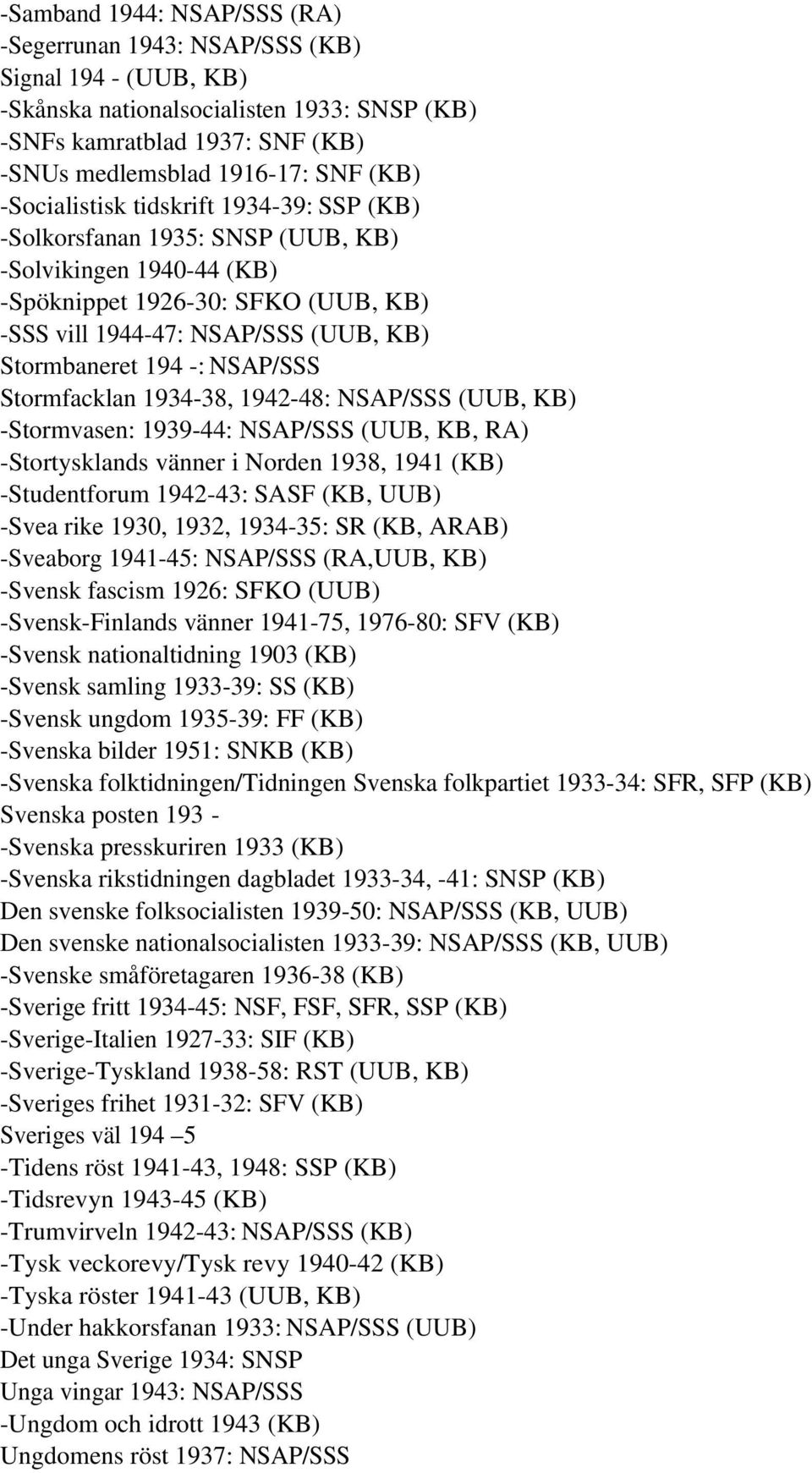 NSAP/SSS Stormfacklan 1934-38, 1942-48: NSAP/SSS (UUB, KB) -Stormvasen: 1939-44: NSAP/SSS (UUB, KB, RA) -Stortysklands vänner i Norden 1938, 1941 (KB) -Studentforum 1942-43: SASF (KB, UUB) -Svea rike