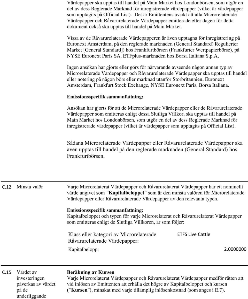 Vissa av de Råvarurelaterade Värdepapperen är även upptagna för inregistrering på Euronext Amsterdam, på den reglerade marknaden (General Standard) Regulierter Market [General Standard]) hos