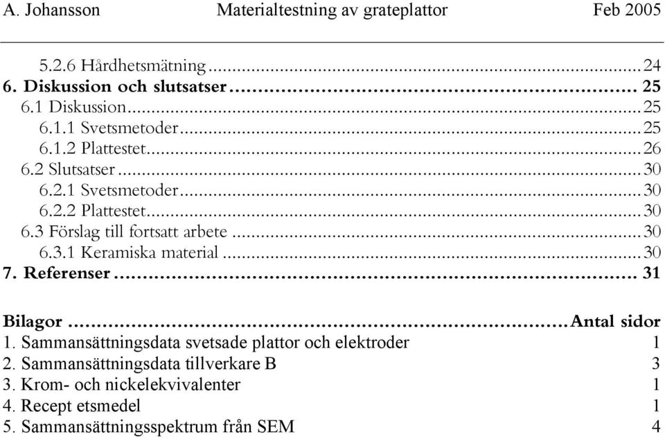 ..30 7. Referenser... 31 Bilagor...Antal sidor 1. Sammansättningsdata svetsade plattor och elektroder 1 2.