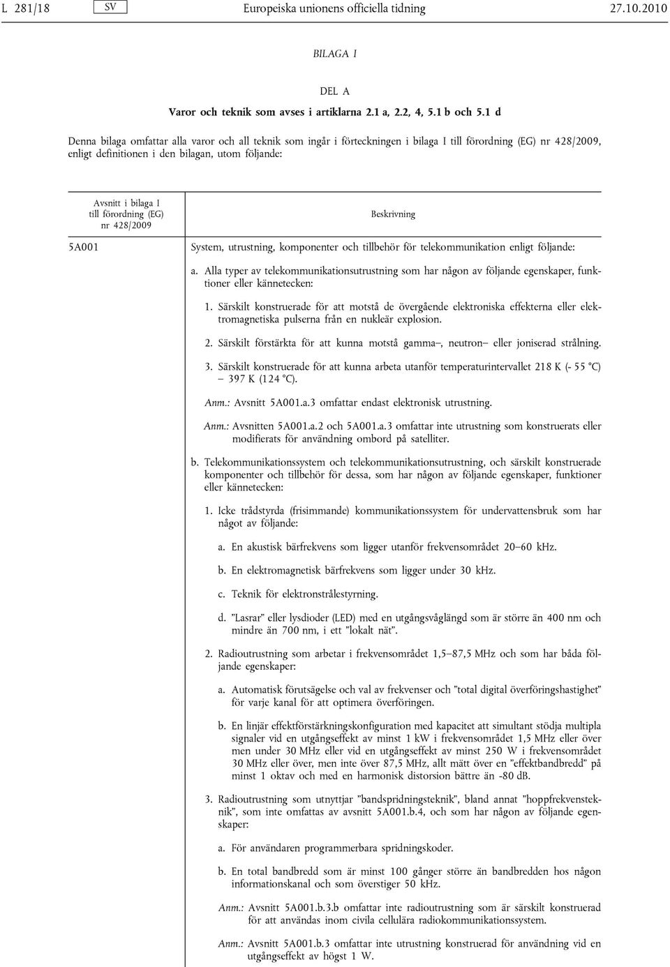 till förordning (EG) nr 428/2009 Beskrivning System, utrustning, komponenter och tillbehör för telekommunikation enligt följande: a.