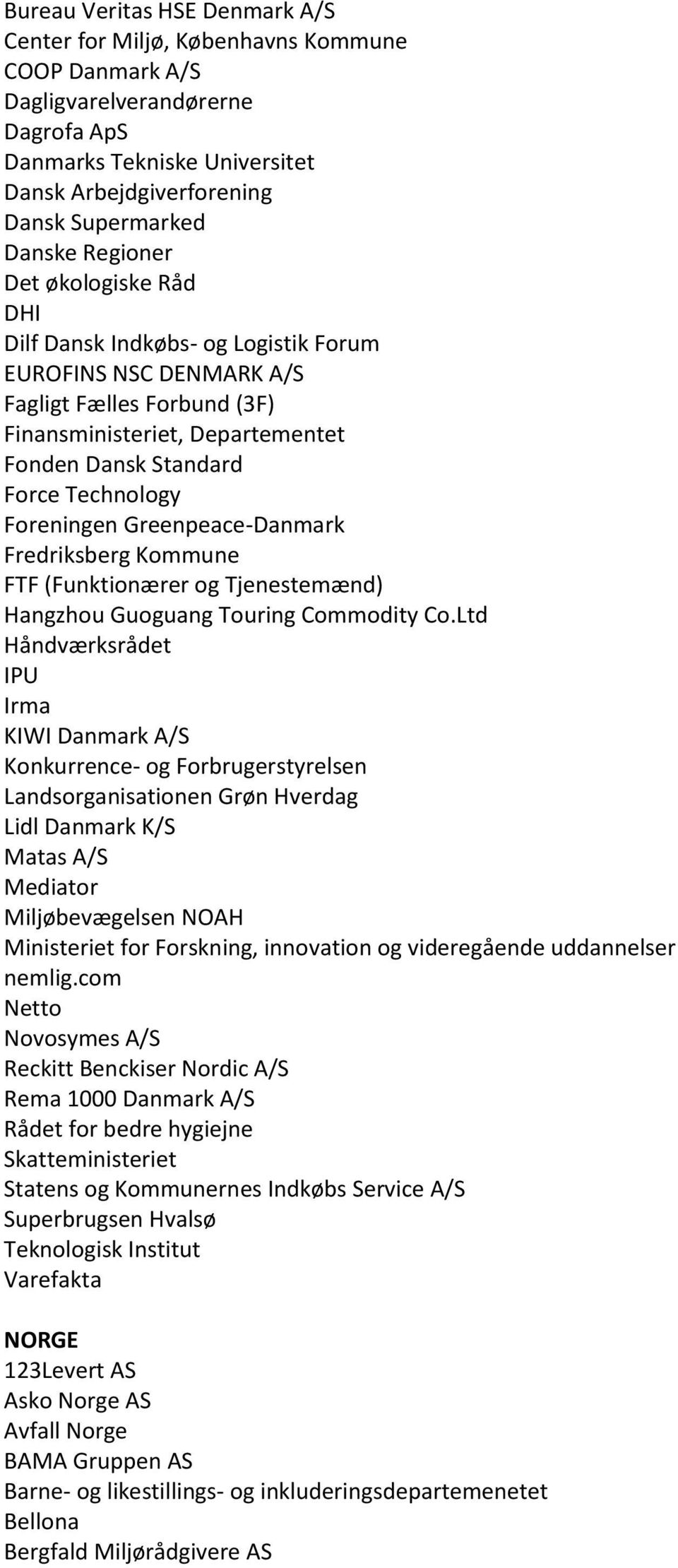 Technology Foreningen Greenpeace-Danmark Fredriksberg Kommune FTF (Funktionærer og Tjenestemænd) Hangzhou Guoguang Touring Commodity Co.