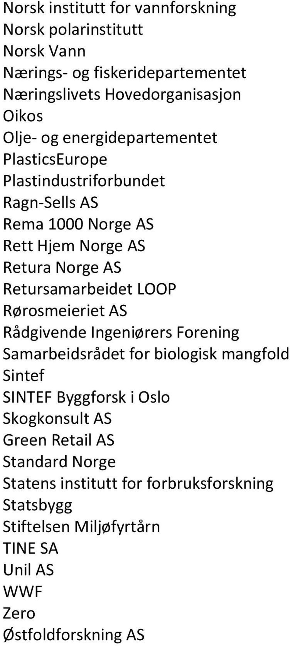 Retursamarbeidet LOOP Rørosmeieriet AS Rådgivende Ingeniørers Forening Samarbeidsrådet for biologisk mangfold Sintef SINTEF Byggforsk i Oslo