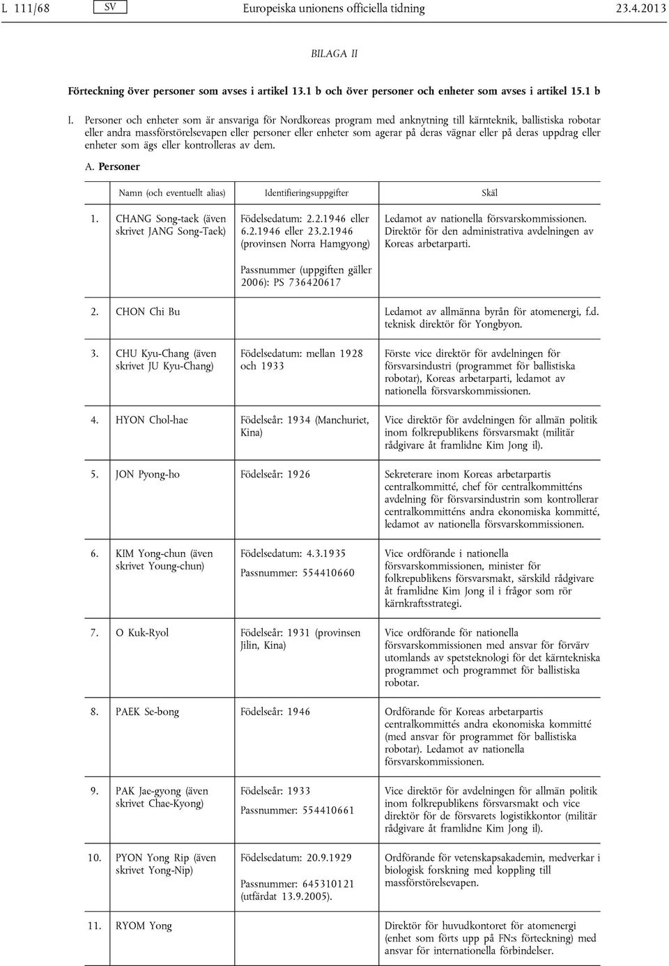 på deras uppdrag eller enheter som ägs eller kontrolleras av dem. A. Personer Namn (och eventuellt alias) Identifieringsuppgifter Skäl 1. CHANG Song-taek (även skrivet JANG Song-Taek) Födelsedatum: 2.