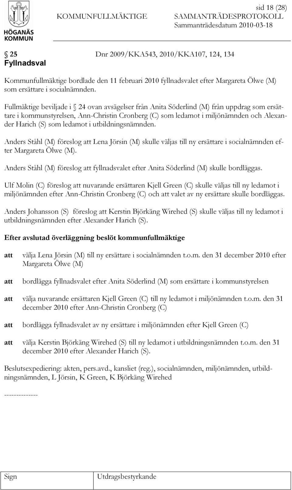 ledamot i utbildningsnämnden. Anders Ståhl (M) föreslog Lena Jörsin (M) skulle väljas till ny ersättare i socialnämnden efter Margareta Ölwe (M).