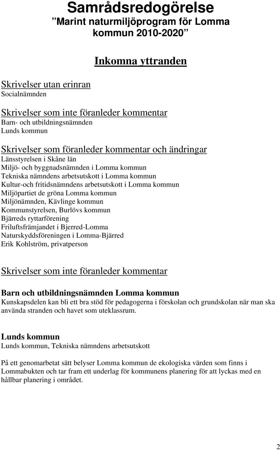 fritidsnämndens arbetsutskott i Lomma kommun Miljöpartiet de gröna Lomma kommun Miljönämnden, Kävlinge kommun Kommunstyrelsen, Burlövs kommun Bjärreds ryttarförening Friluftsfrämjandet i