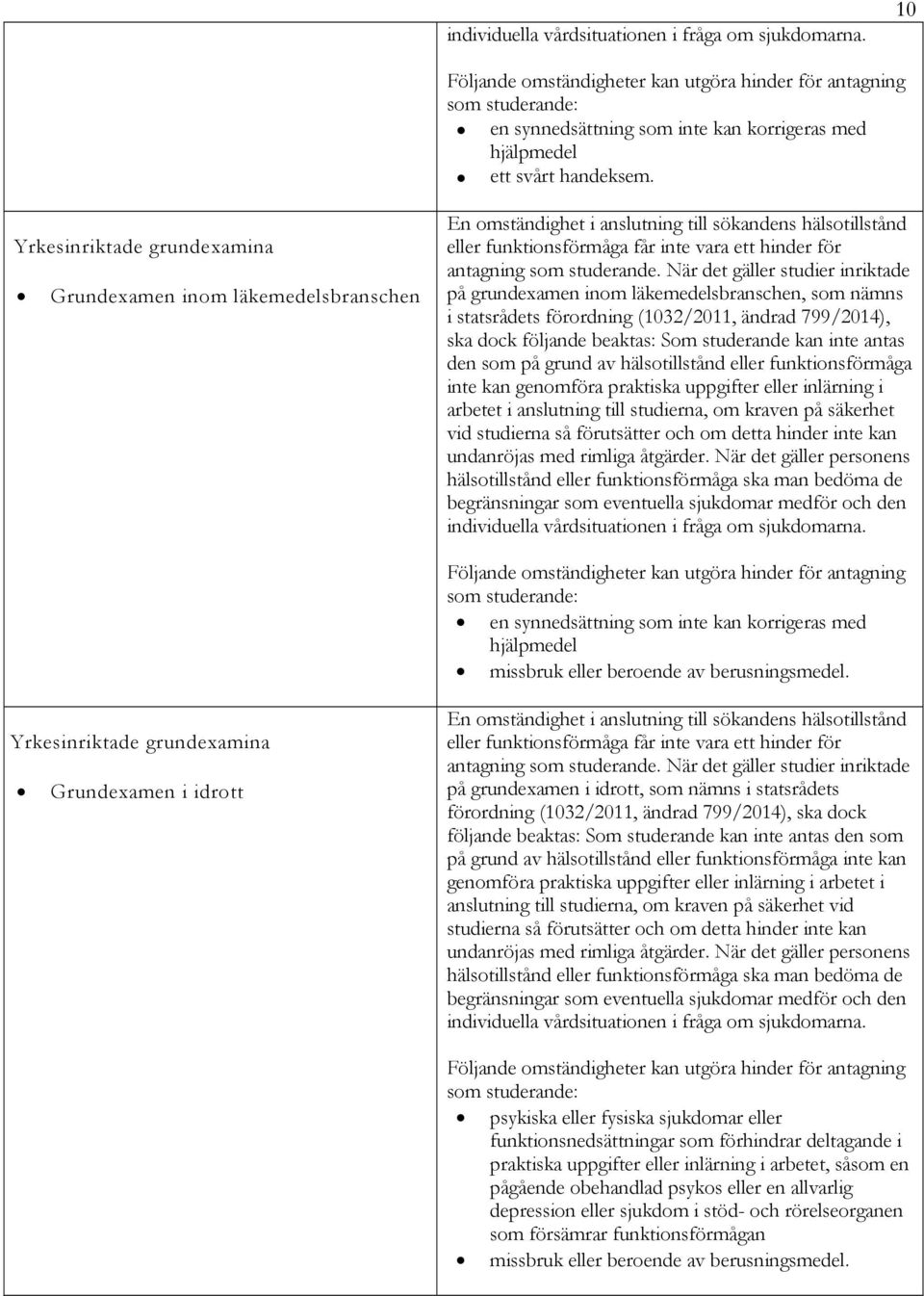 den som på grund av hälsotillstånd eller funktionsförmåga inte kan genomföra praktiska uppgifter eller inlärning i arbetet i anslutning till studierna, om kraven på säkerhet vid studierna så