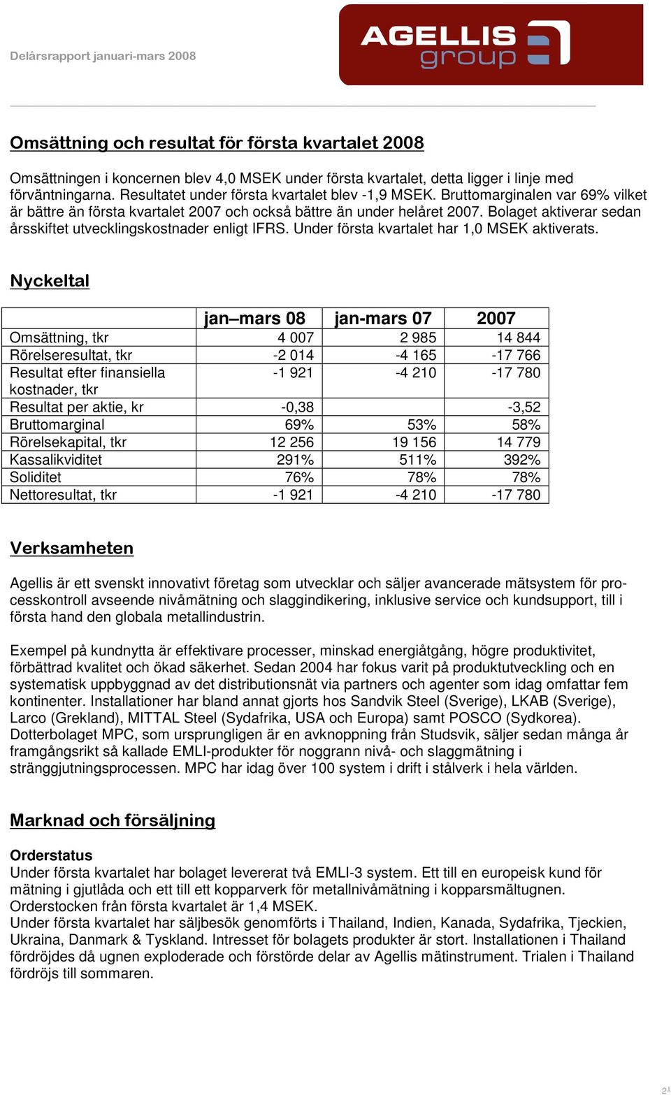 Bolaget aktiverar sedan årsskiftet utvecklingskostnader enligt IFRS. Under första kvartalet har 1,0 MSEK aktiverats.