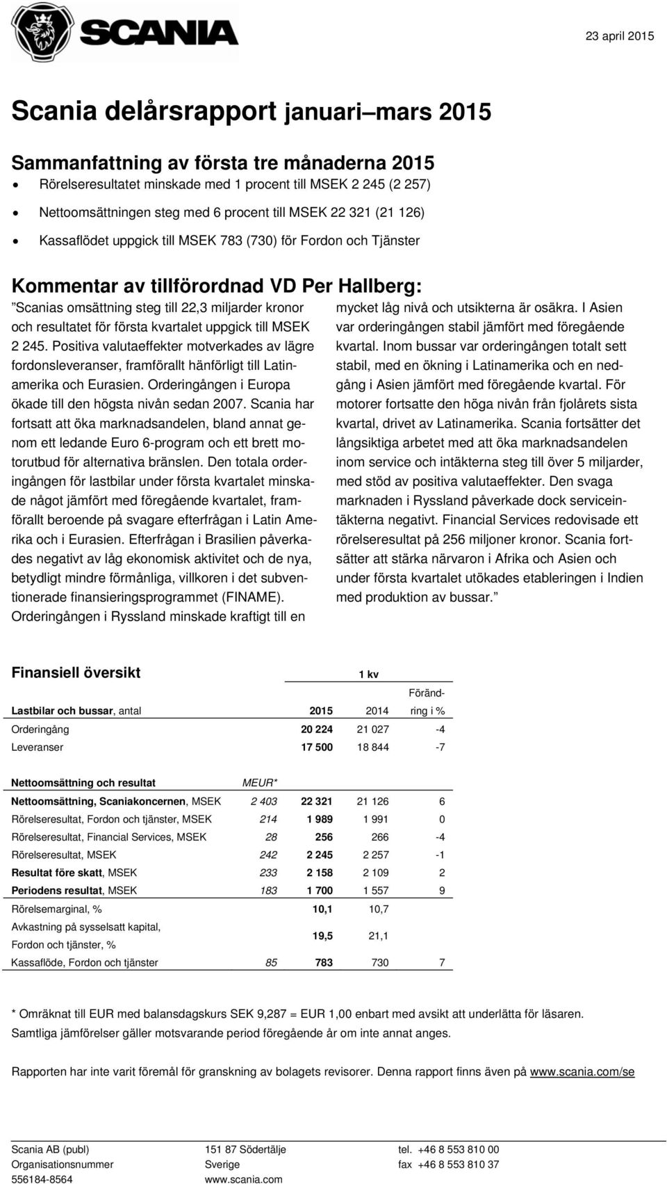 för första kvartalet uppgick till MSEK 2 245. Positiva valutaeffekter motverkades av lägre fordonsleveranser, framförallt hänförligt till Latinamerika och Eurasien.