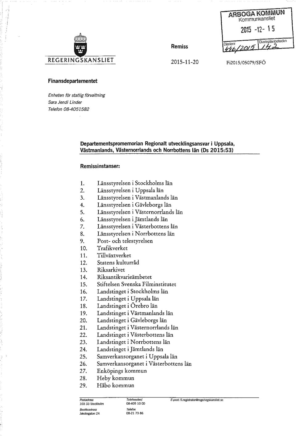 Länsstyrelsen i Uppsala län 3. Länsstyrelsen i Västmanlands län 4. Länsstyrelsen i Gävleborgs län 5. Länsstyrelsen i Västernorrlands län 6. Länsstyrelsen i jämtlands län 7.