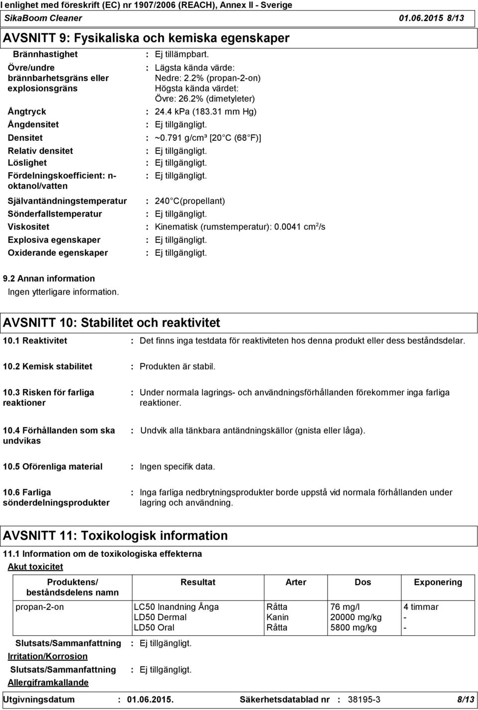 Fördelningskoefficient n- oktanol/vatten Självantändningstemperatur Sönderfallstemperatur Lägsta kända värde Nedre 2.2% (propan-2-on) Högsta kända värdet Övre 26.2% (dimetyleter) 24.4 kpa (183.