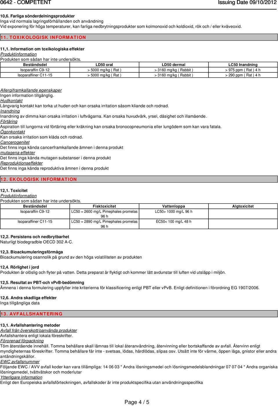 Beståndsdel LD50 oral LD50 dermal LC50 Isoparaffin C9-12 > 5000 mg/kg ( Rat ) > 3160 mg/kg ( Rabbit ) > 975 ppm ( Rat ) 4 h Isoparaffiner C11-15 > 5000 mg/kg ( Rat ) > 3160 mg/kg ( Rabbit ) > 290 ppm