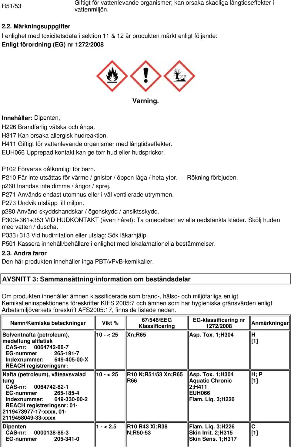 Innehåller: Dipenten, H226 Brandfarlig vätska och ånga. H317 Kan orsaka allergisk hudreaktion. H411 Giftigt för vattenlevande organismer med långtidseffekter.