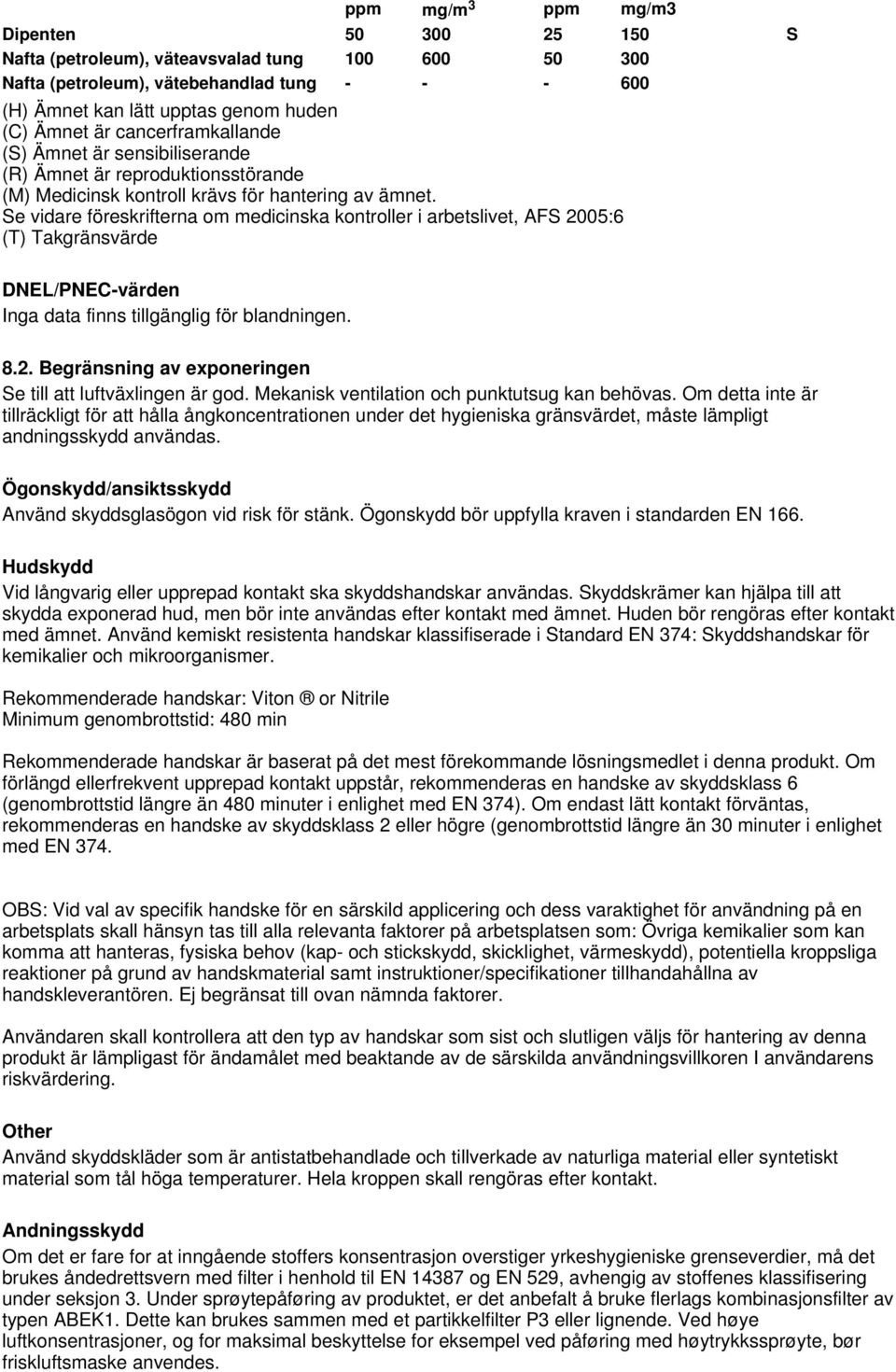 Se vidare föreskrifterna om medicinska kontroller i arbetslivet, AFS 2005:6 (T) Takgränsvärde DNEL/PNEC-värden Inga finns tillgänglig för blandningen. 8.2. Begränsning av exponeringen Se till att luftväxlingen är god.