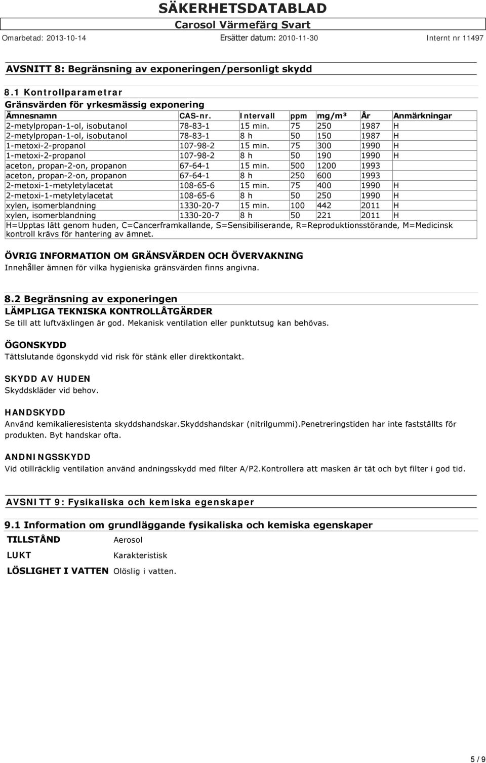 75 300 1990 H 1-metoxi-2-propanol 107-98-2 8 h 50 190 1990 H aceton, propan-2-on, propanon 67-64-1 15 min.