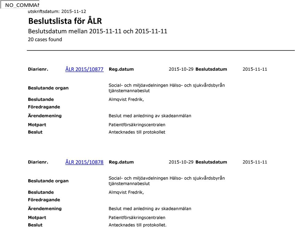 Patientförsäkringscentralen Antecknades till protokollet Diarienr. ÅLR 2015/10878 Reg.