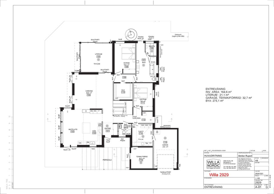 R: 64,6 m² UTRUM : 2, m² R, TKNIK/ÖRRÅ: 32,7 m² Y: 275, m² KLK ÖK=2,0 0 04 V 667 500 02 2 L MM TH=2,40 I30 TVÄTT 4 80x80 VM 500 TH=2,40 6 VIN 3425 V 3425 Utmhusdel värmepump PROL 5 VM IV HUVURITNIN