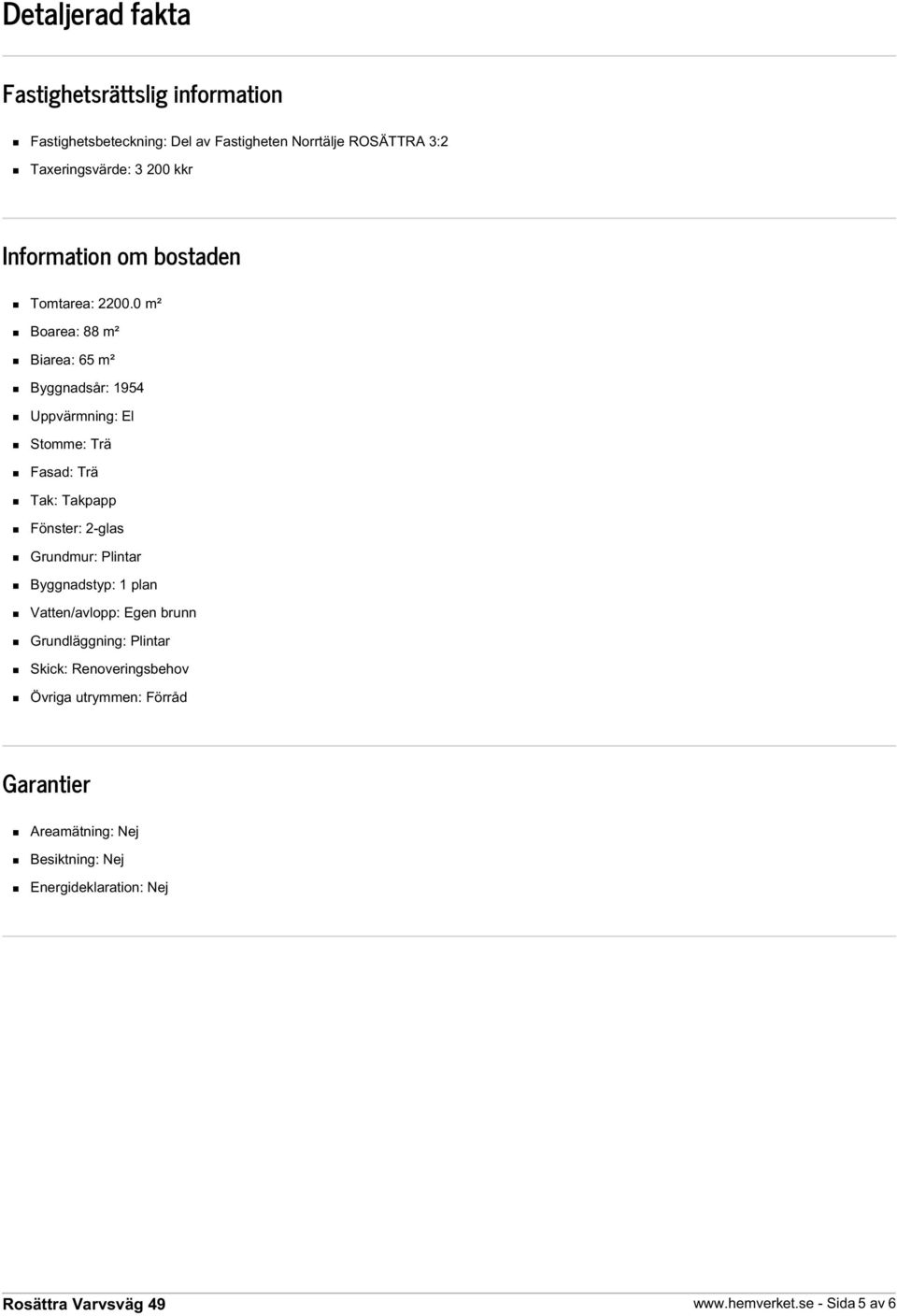 0 m² Boarea: 88 m² Biarea: 65 m² Byggnadsår: 1954 Uppvärmning: El Stomme: Trä Fasad: Trä Tak: Takpapp Fönster: 2-glas Grundmur: