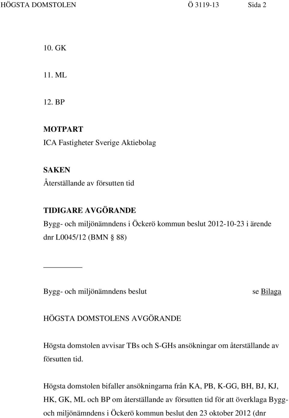 2012-10-23 i ärende dnr L0045/12 (BMN 88) Bygg- och miljönämndens beslut se Bilaga HÖGSTA DOMSTOLENS AVGÖRANDE Högsta domstolen avvisar TBs och S-GHs