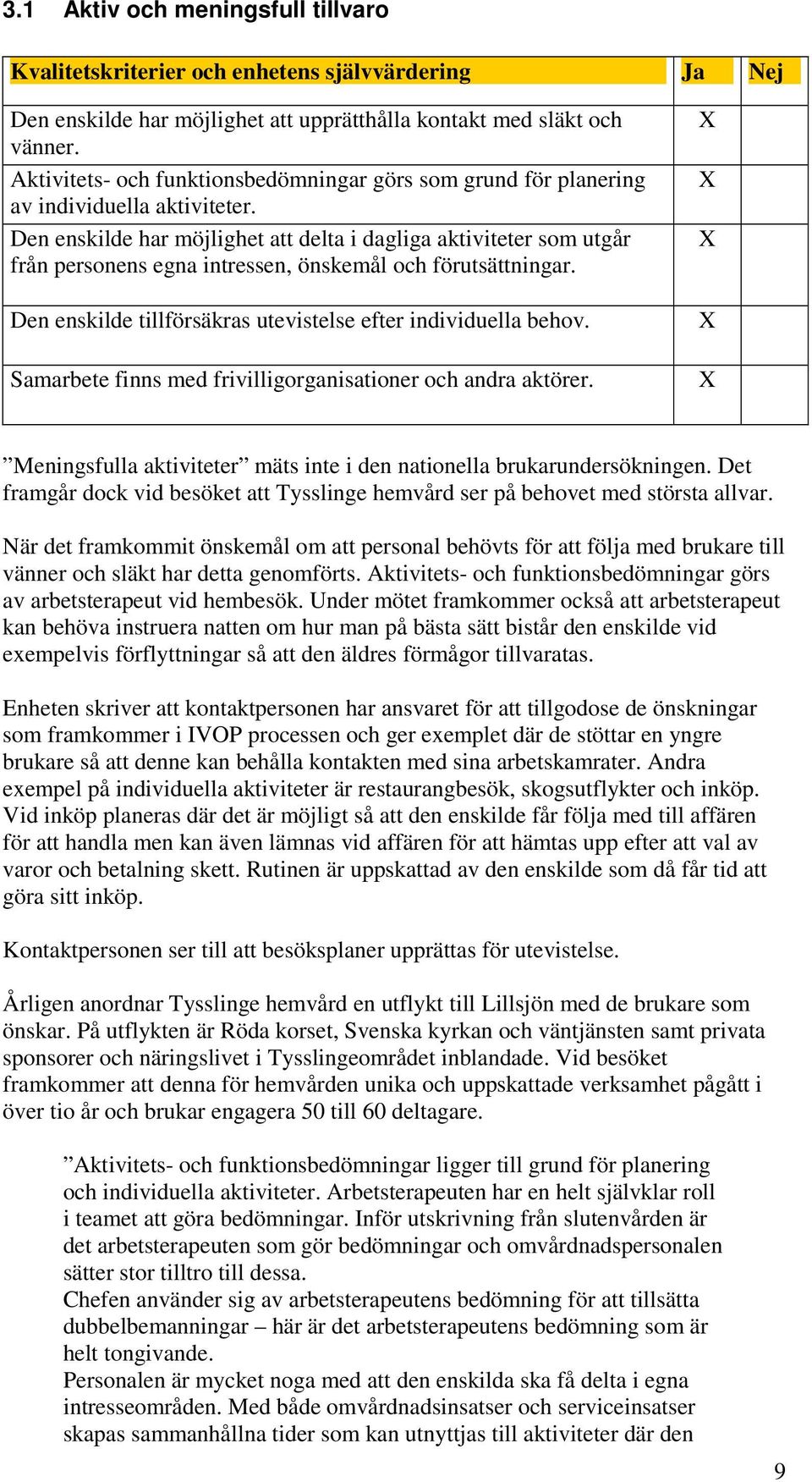 Den enskilde har möjlighet att delta i dagliga aktiviteter som utgår från personens egna intressen, önskemål och förutsättningar. Den enskilde tillförsäkras utevistelse efter individuella behov.